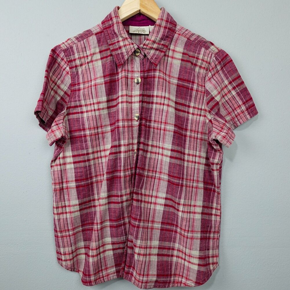 Vintage Petite Access Button Up Shirt Sz PL Dark Pink Beige Plaid Casual Top